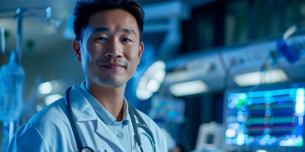Professional portrait of a smiling East Asian male doctor wearing a white coat and stethoscope, looking confidently at the camera in a modern hospital/ICU environment with medical monitors and equipment in the background.