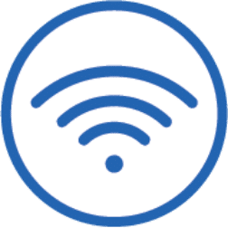 Blue WiFi symbol (three curved signal arcs with a central dot) inside a white circle with blue border on black background.