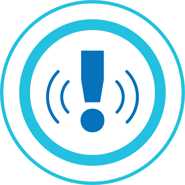 Blue circular alert icon with concentric rings containing a bold blue exclamation mark, sound waves, and a dot on a white background, representing a warning or notification.
