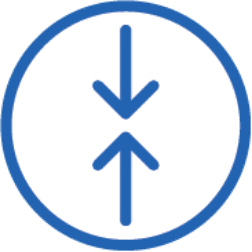 Blue circular icon with white background containing two vertical blue arrows: one pointing down above one pointing up.