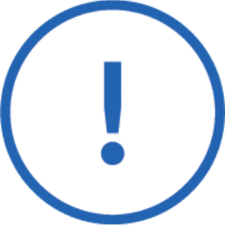 Blue circular alert icon with concentric rings containing a bold blue exclamation mark, sound waves, and a dot on a white background, representing a warning or notification.