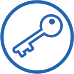 Blue circular icon with white background containing key.