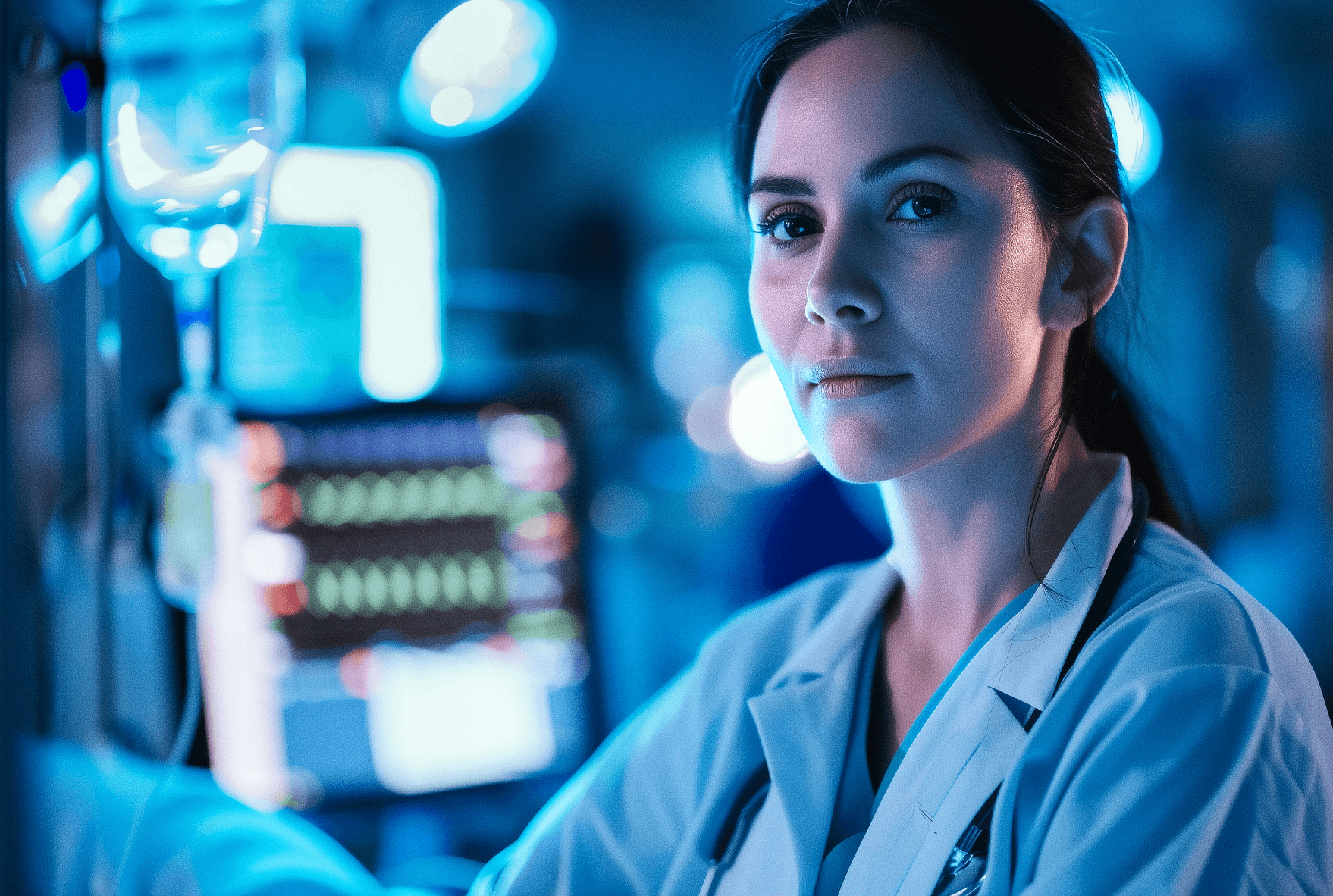 Female doctor in white lab coat with stethoscope, looking focused in a blue-lit hospital/ICU environment with IV drips and medical monitors in the background.