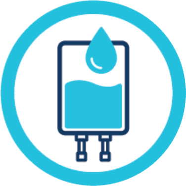 Blue circular icon of an IV (intravenous) bag filled with liquid, featuring a water drop above and two ports at the bottom.