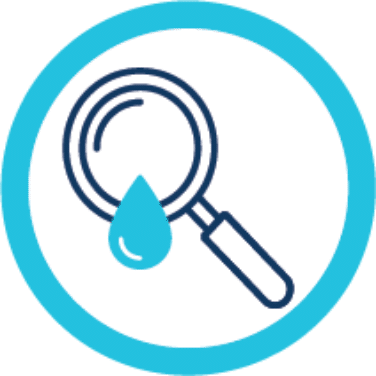 Blue circular icon featuring a dark blue magnifying glass with a light blue water drop below its lens, representing search or analysis of fluids/liquids.