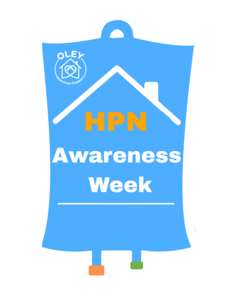 Blue IV bag graphic shaped icon with the Oley Nutrition Support logo, a house outline, and text reading "HPN Awareness Week"