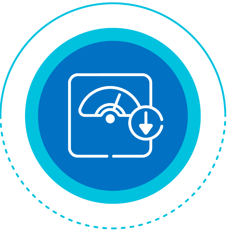 White line icon of a gauge with a downward arrow, set against a blue circle with a lighter cyan ring and outer dashed circle border