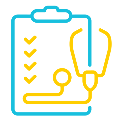 Blue and yellow line icon of a clipboard with checkmarks and a stethoscope draped over it