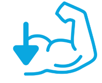 Blue line icon of a flexed bicep with a downward arrow beside it