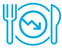 Blue line icon of a plate with a downward zigzag arrow, flanked by a fork and knife