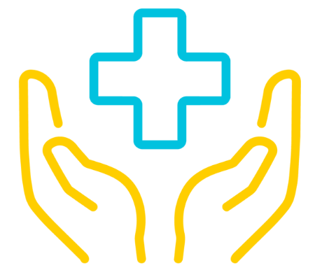 Blue and yellow line icon of two cupped hands holding a medical cross symbol