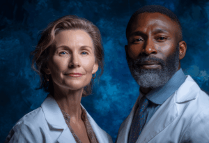 Two doctors in white coats standing side by side against a dark blue textured background, with empty space on the left for text