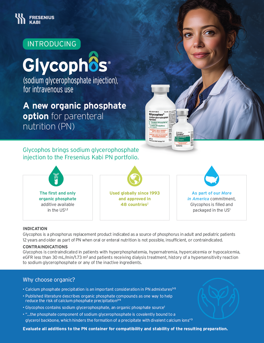Fresenius Kabi Glycophos sell sheet with a dark blue header showing a healthcare professional and two Glycophos vials, an Introducing badge, three colored droplet icons above callout text boxes, an indication and contraindications section, and a blue footer box with a hands-and-leaf watermark graphic on the right