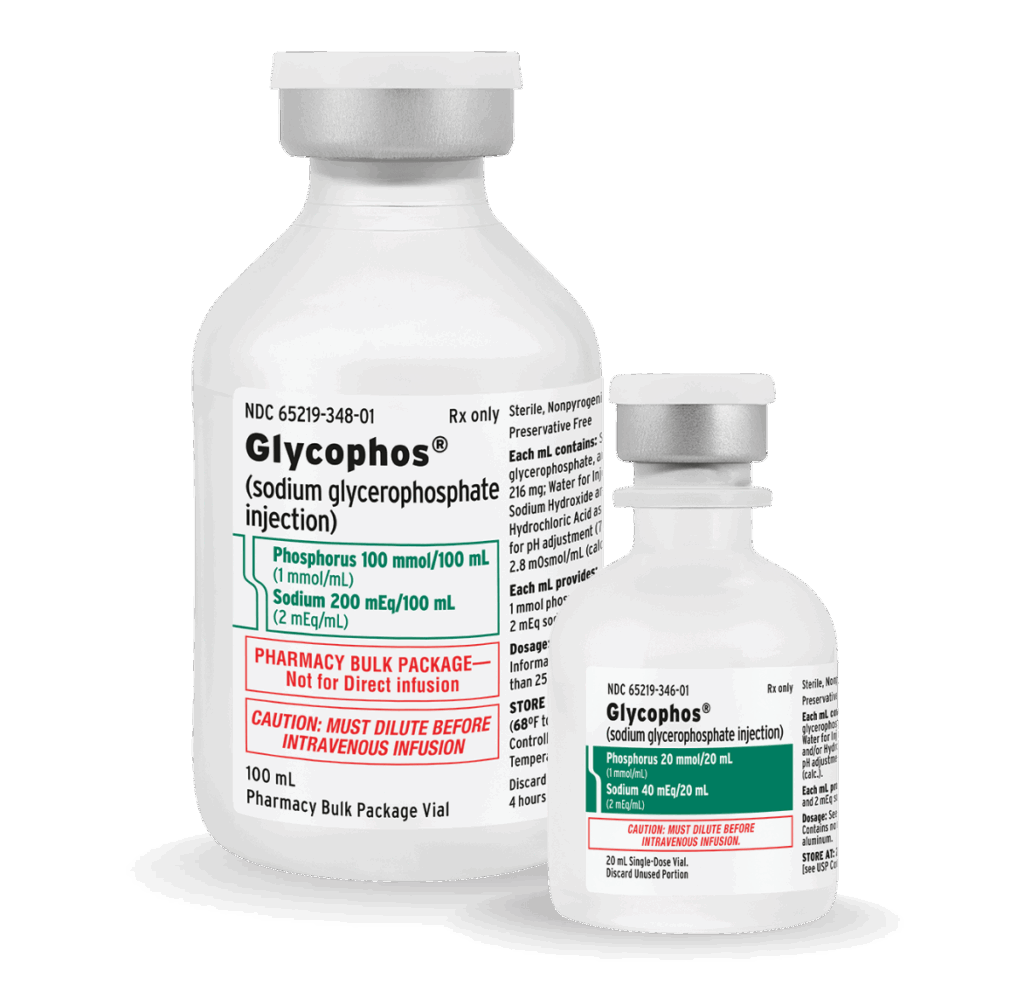 Two Glycophos (sodium glycerophosphate injection) vials side by side, a 100 mL Pharmacy Bulk Package and a 20 mL Single-Dose Vial, each with silver caps and printed dosage labels