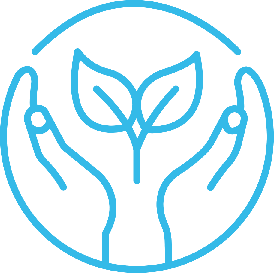 Blue line icon of two cupped hands holding a growing plant inside a circle with an arc above