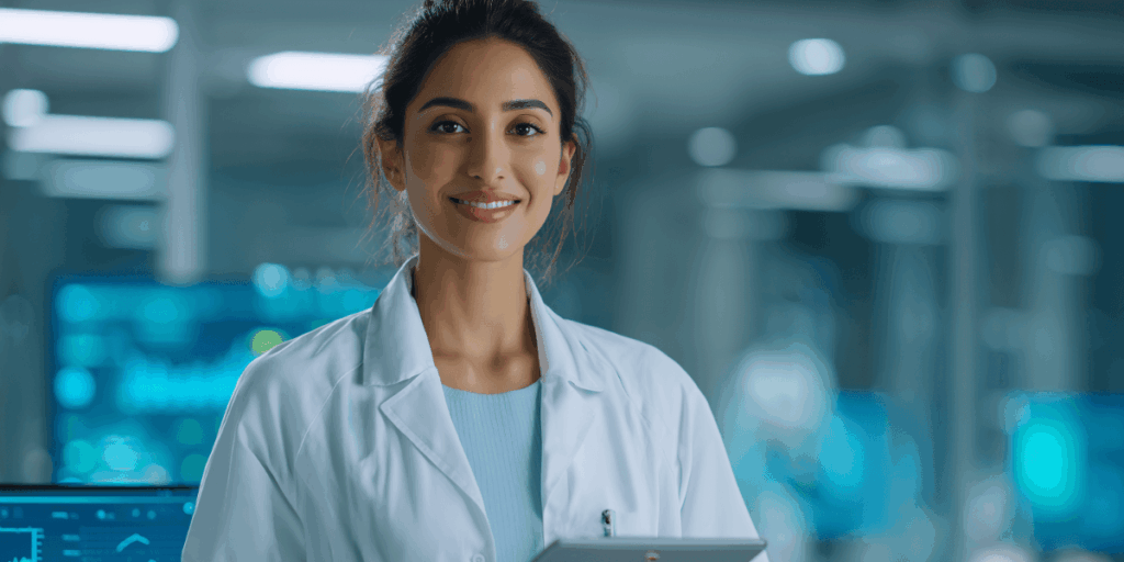 Smiling woman in a white lab coat holding a tablet, standing in a blurred lab or clinical setting with blue screen displays in the background