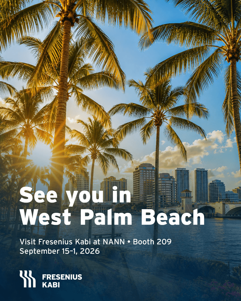 Photo of sunlit palm trees over a West Palm Beach city skyline and waterway with text reading "See you in West Palm Beach, Visit Fresenius Kabi at NANN &bull; Booth 209, September 15-1, 2026" and the Fresenius Kabi logo