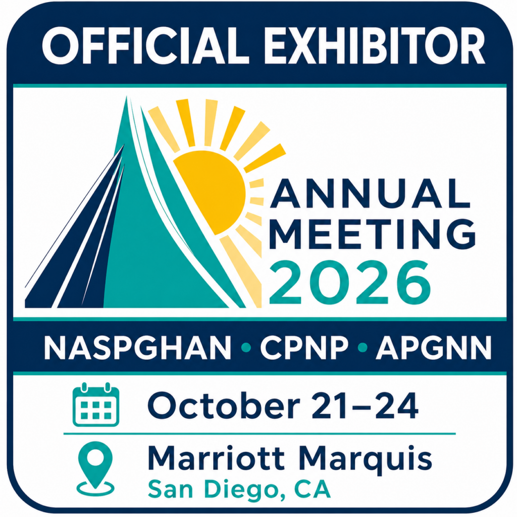Official Exhibitor badge graphic with a mountain and sun logo reading "Annual Meeting 2026", text listing NASPGHAN, CPNP, and APGNN, and event details for October 21&ndash;24 at the Marriott Marquis in San Diego, CA