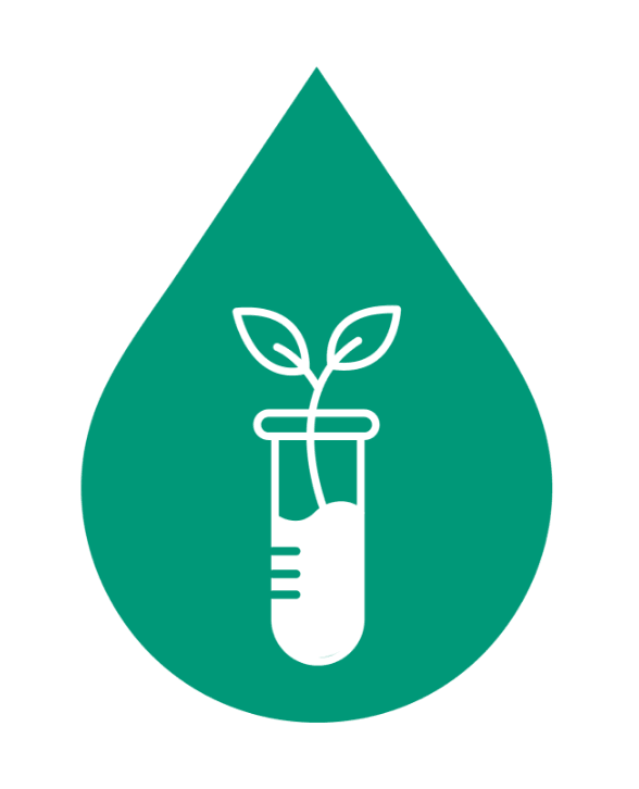 Green water droplet icon with a white test tube and sprouting plant inside