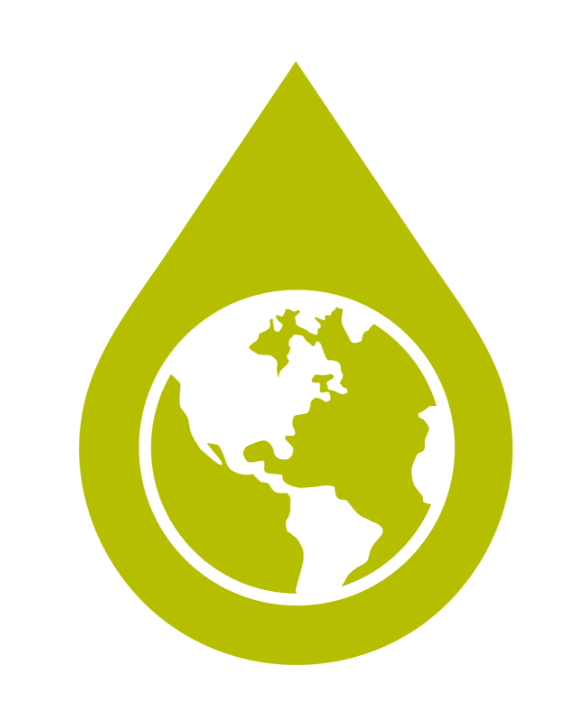 Yellow-green water droplet icon with a white globe map inside