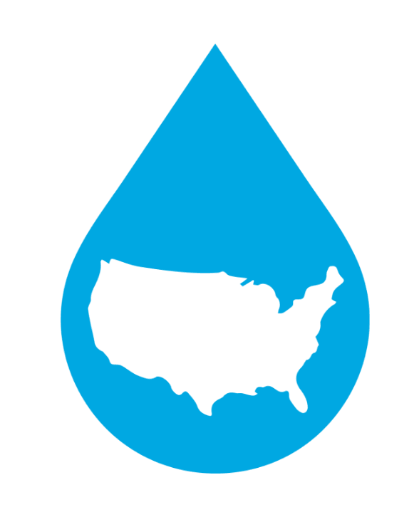 Blue water droplet icon with a white silhouette of the United States map inside