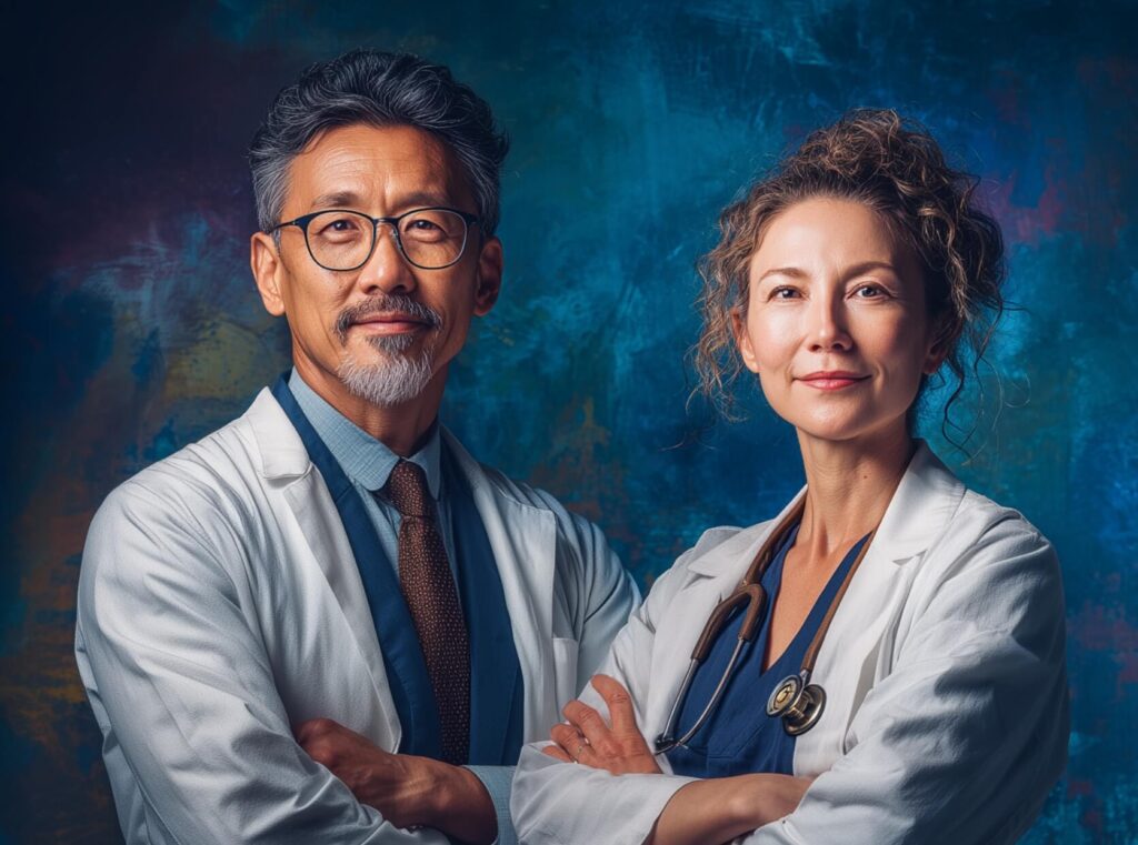 Two doctors, a man and a woman, standing with arms crossed against a dark blue textured background; man wears glasses, white coat, and tie; woman wears a white coat with a stethoscope around her neck.