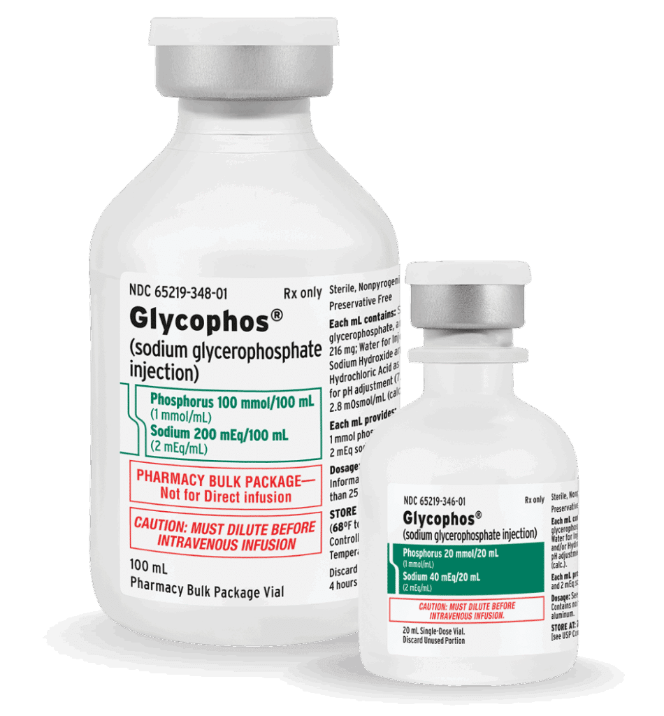 Glycophos (sodium glycerophosphate injection) vials — 100 mL pharmacy bulk package and 20 mL single-dose vial, labeled with phosphorus/sodium content and "must dilute before intravenous infusion" caution