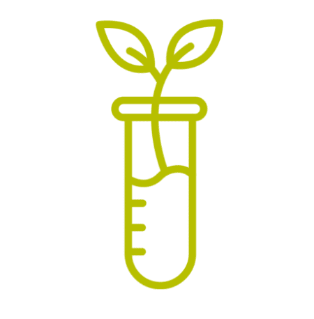 Yellow-green line icon of a test tube with a sprouting plant growing out of it